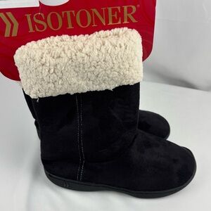 NWT Isotoner Black Ankle Slipper Boots with Cream Color Lining, Size 7.5-8